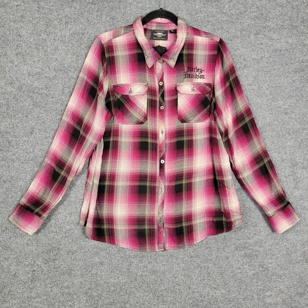 HARLEY DAVIDSON Pink Plaid Floral Embroidered Western Button Up Shirt SIZE XL - Picture 3 of 16